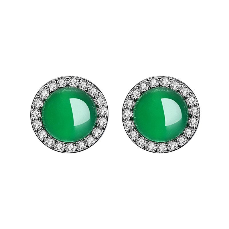 925 sterling silver inlaid chalcedony round stud earrings charms fashion design wild fine jewelry jade earrings for women