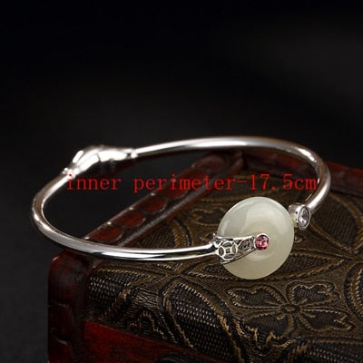 925 sterling silver jade bangles natural hetian white jade peace button design fashion bangles for women charms fashion jewelry