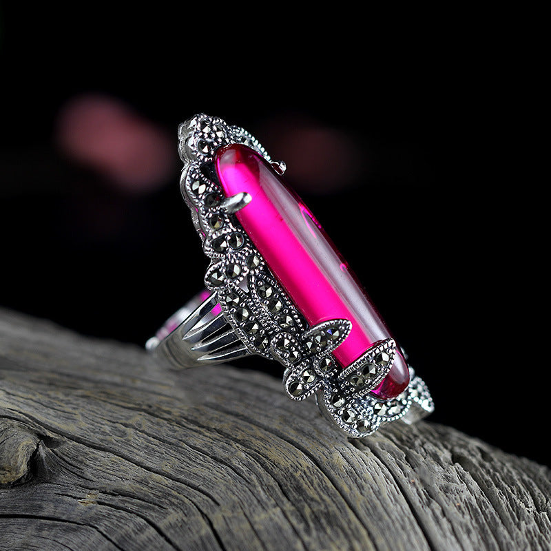 925 sterling silver jewelry inlaid Vintage Silver Ruby droplets Marcasite ring