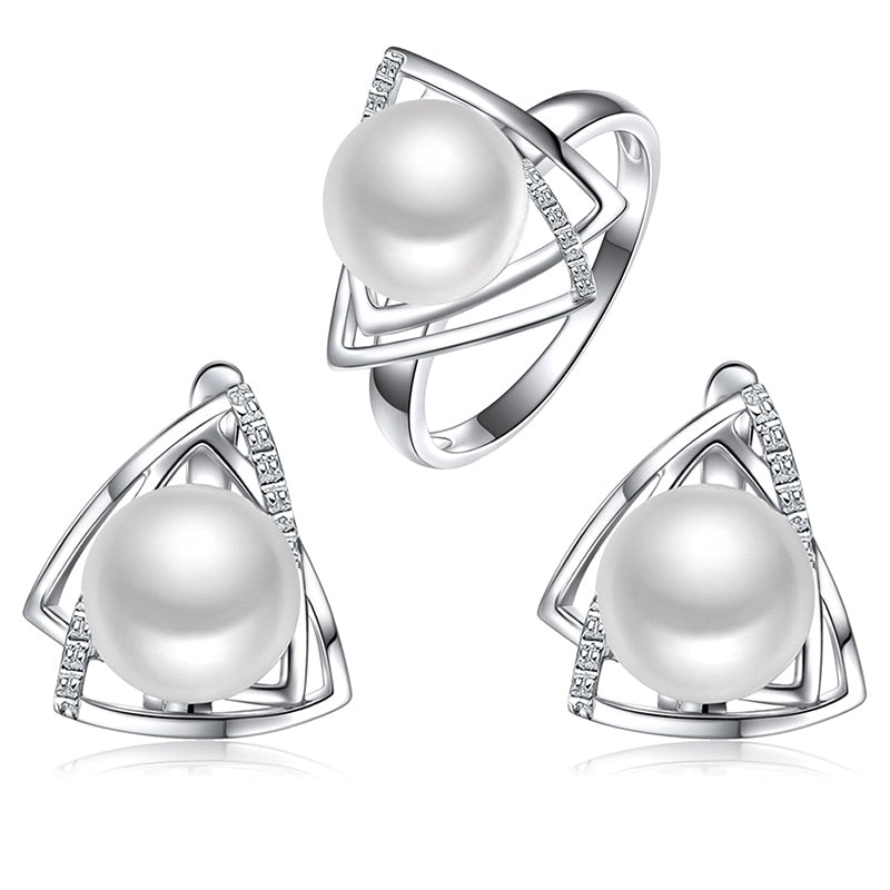 925 sterling silver jewelry pearl earring and ring fine jewelry set with 9-9.5mm natural pearl fashion jewelry