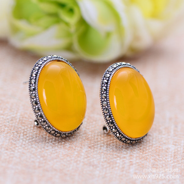925 sterling silver jewelry retro Thai silver yellow chalcedony female models studs