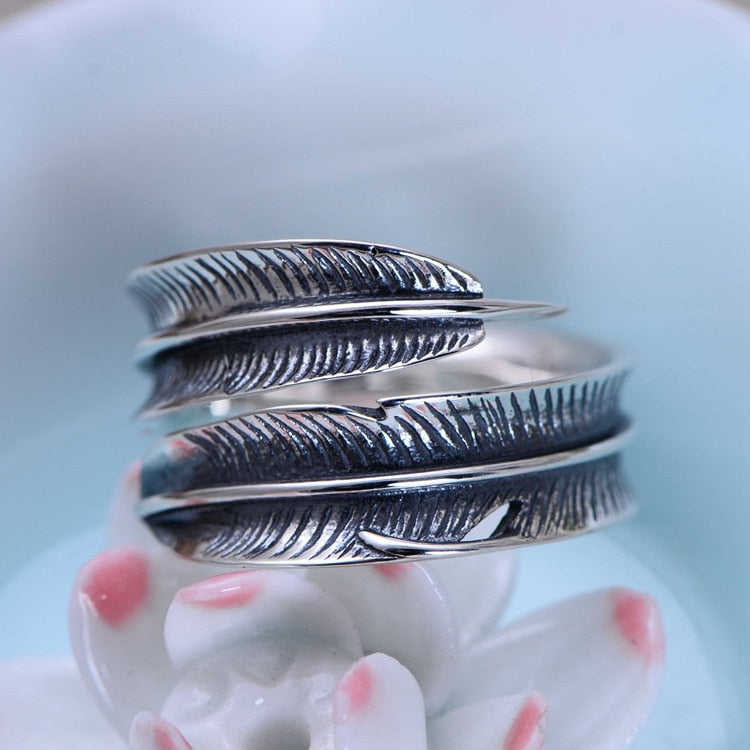 925 sterling silver jewelry silver ring opening and retro feather jewelry jewelry