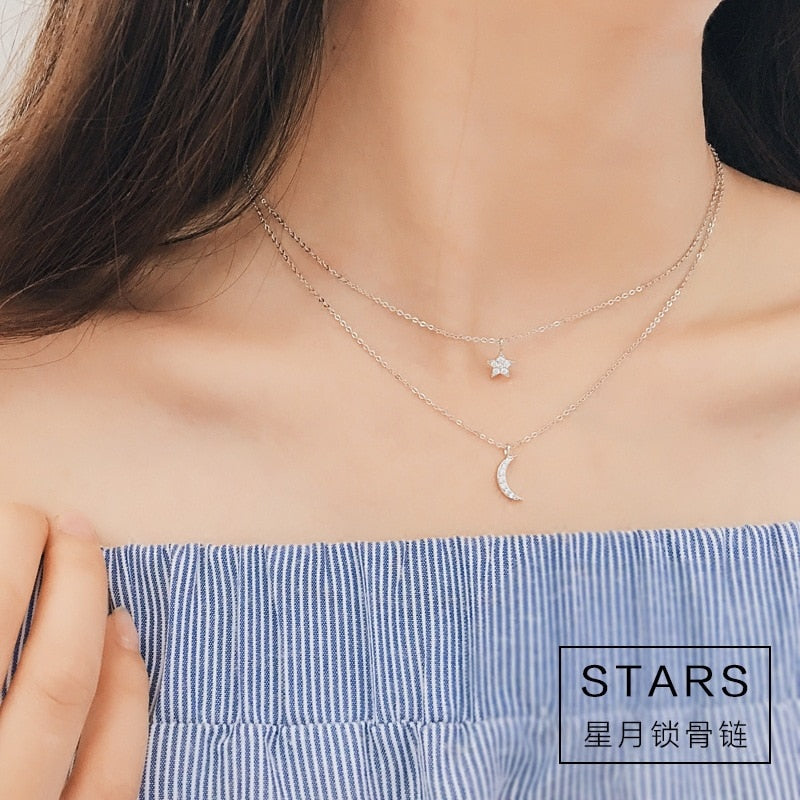 925 sterling silver long star moon necklaces pendant fashion sterling-silver-jewelry statement necklace for Women