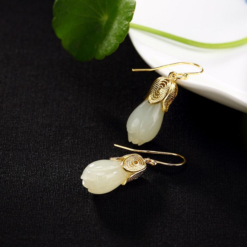 925 sterling silver magnolia jade drop earrings gold handmade natural jade fashion flower earrings for women 925 fine jewelry