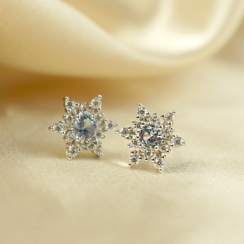 925 sterling silver mosaic quality bule AAA zircon snowflake stud earrings simple trendy design wild earrings for women jewelry
