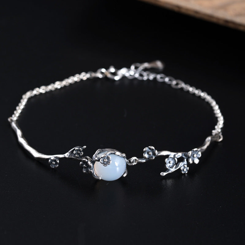 925 sterling silver natural jade plum blossom bracelets do old vintage design DIY handmade bracelets for women charms jewelry