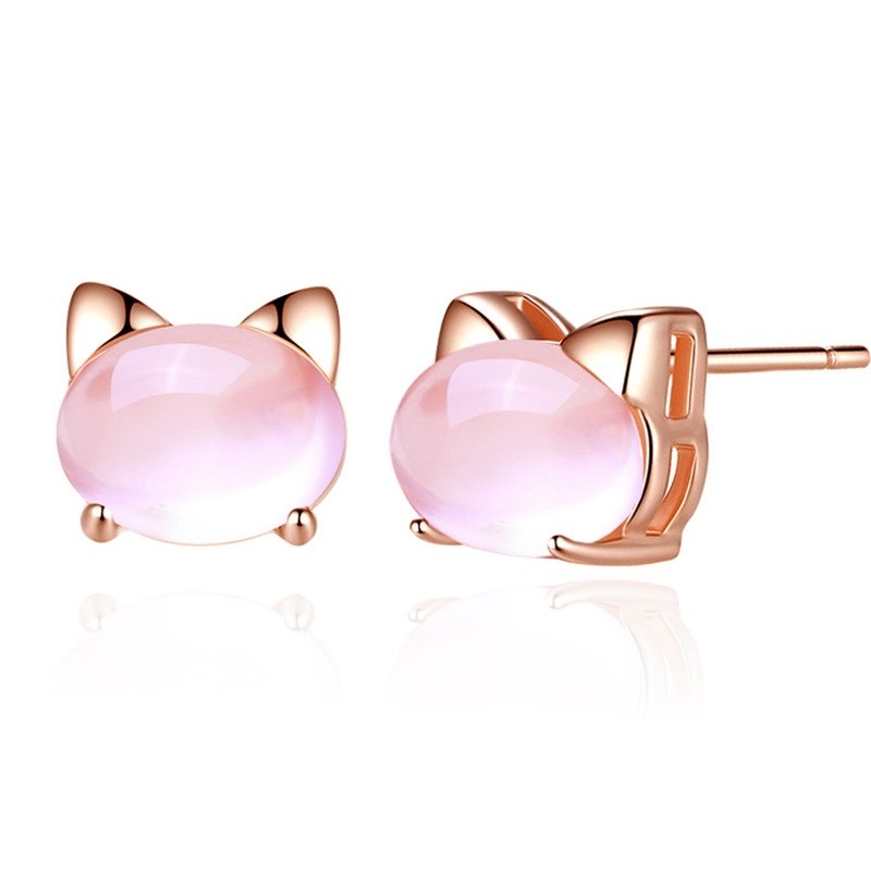 925 sterling silver natural stone 100% rose quartz cats stud earrings simple design wild earrings for women charms holid gift