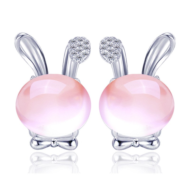 925 sterling silver natural stone 100% rose quartz rabbit stud earrings simple design wild earrings for women 2020 charms gift