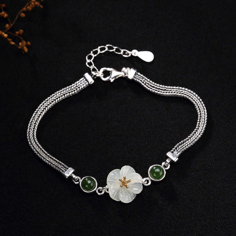 925 sterling silver natural white jade jasper bracelets silver jade Plum blossom vintage bracelets for women jade jewelry gift