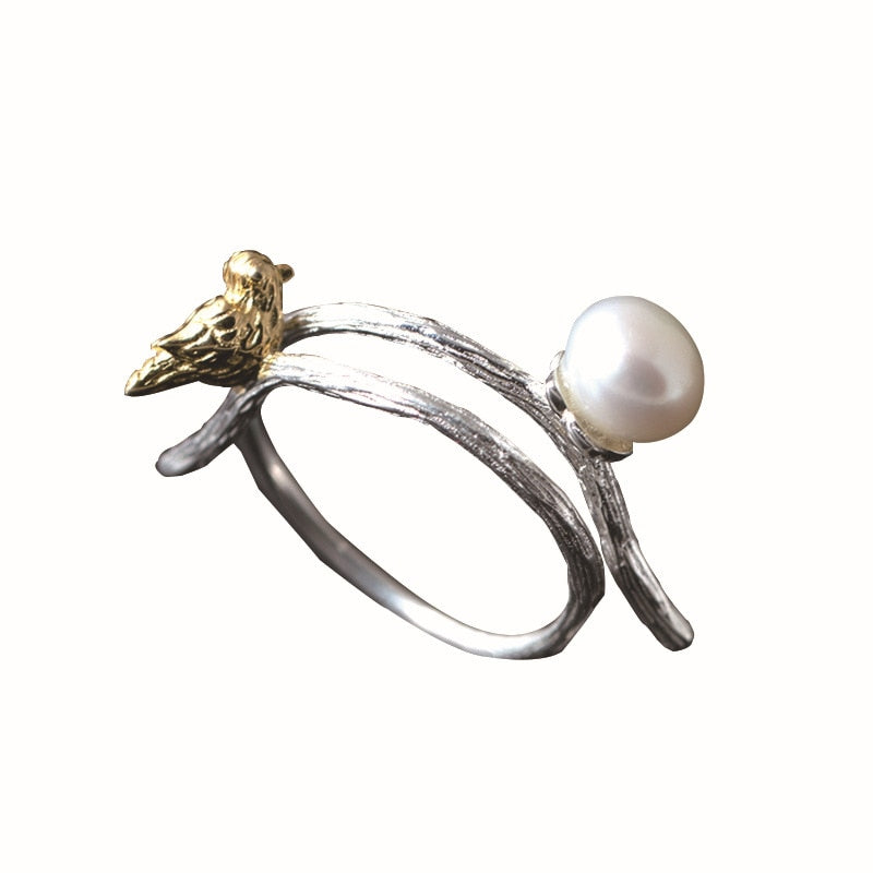 925 sterling silver original design branch birds pearl openwork rings simple personality design rings for women spring jewelry