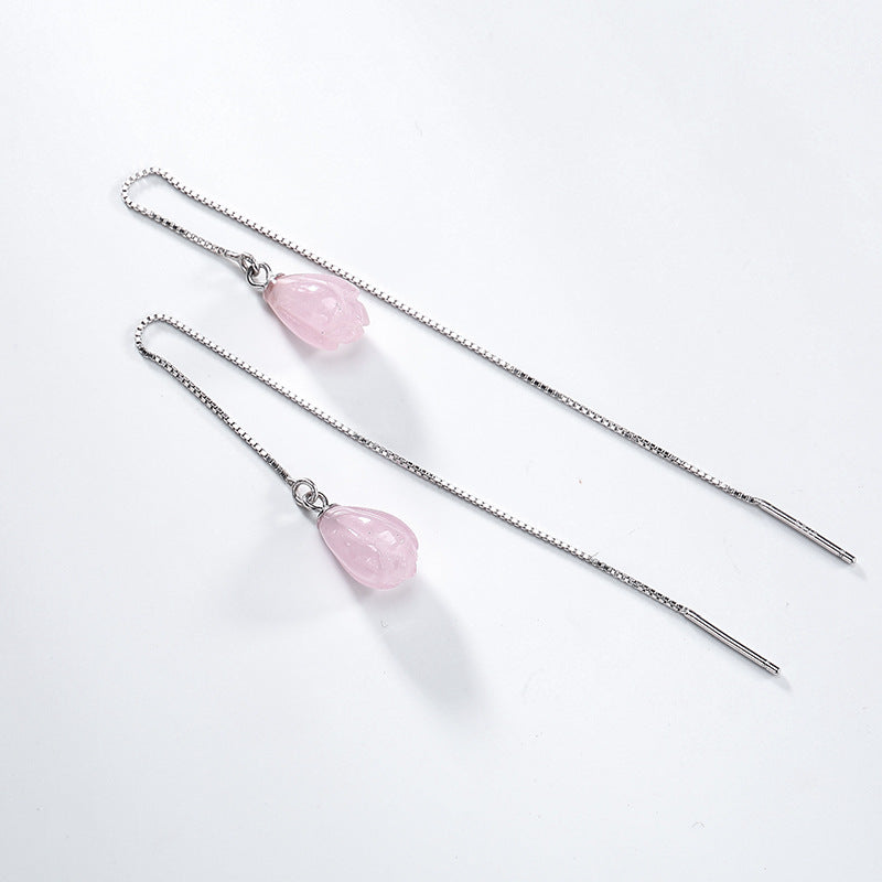 925 sterling silver pink crystal drop earrings handmade fashion natural rose quartz magnolia earrings for women crystal jewelery