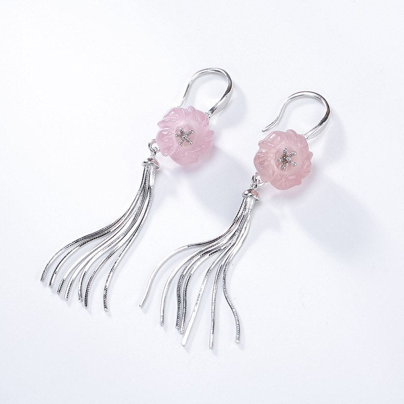 925 sterling silver pink crystal tassel drop earrings handmade natural rose quartz Plum blossom tassel earrings for women charms