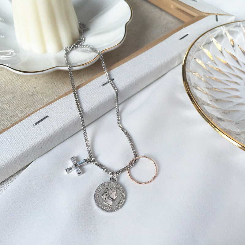 925 sterling silver portrait human face coin zircon pendants necklace fashion personality DIY coin necklace for women jewelry