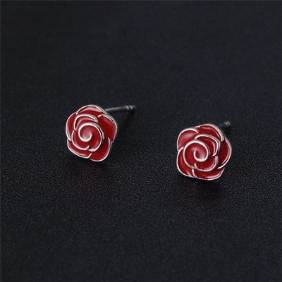 925 sterling silver rose flowers drop of glaze stud earrings cute literary temperament pink- red earrings for women jewelry