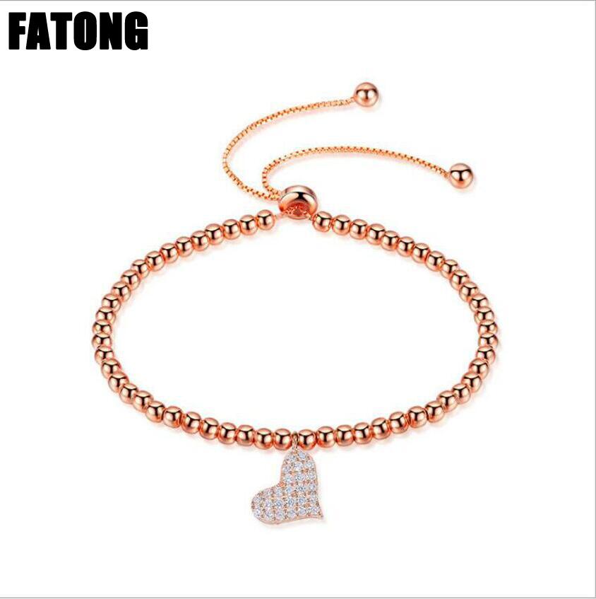 925 sterling silver rose gold heart shaped bead bracelet woman and girl gift J0202
