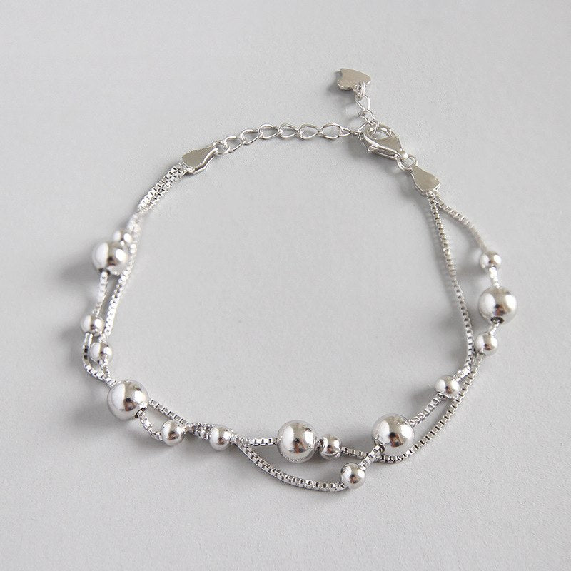 925 sterling silver round bead double layer bracelets silver fashion round bead box chain friends bracelets for women jewelry