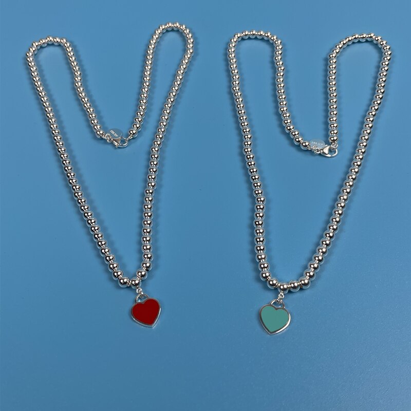 925 sterling silver round bead love necklace heart-shaped enamel pendant women's brand  jewelry