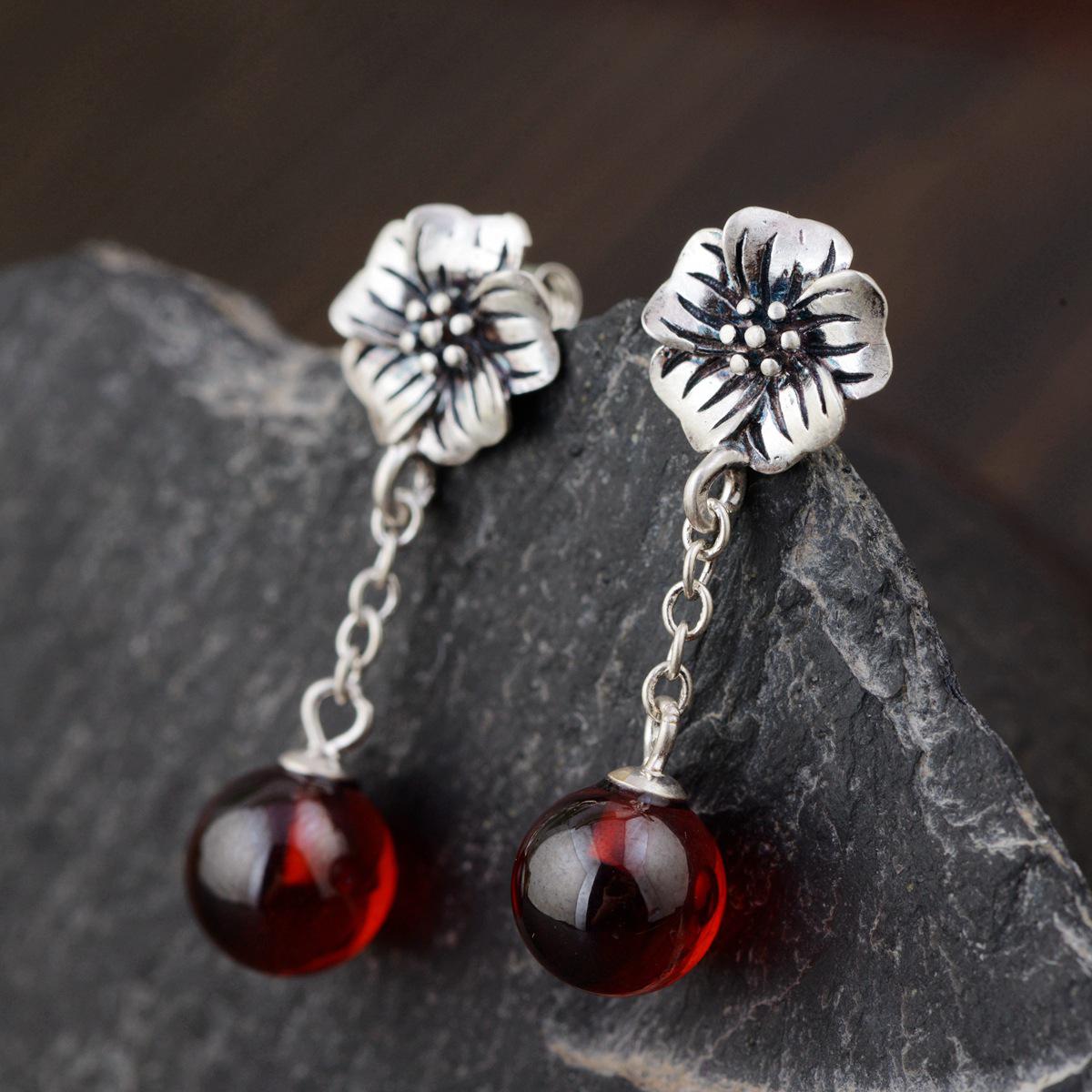 990 Sterling Silver Jewelry Natural Stone Flowers Drop Earrings For Women With Yellow Chalcedony And Red Garnet