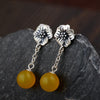 990 Sterling Silver Jewelry Natural Stone Flowers Drop Earrings For Women With Yellow Chalcedony And Red Garnet