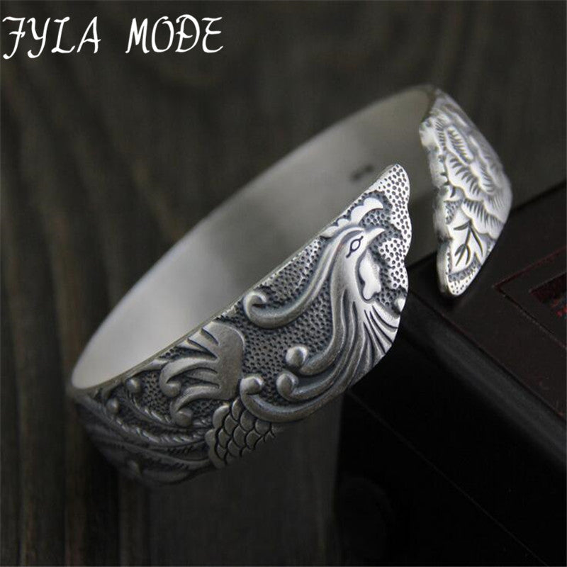 990 Sterling Silver Peony Flower Bracelets For Women Vintage Handcraft Opening Silver Phoenix Peony Bracelets & Bangles Jewelry