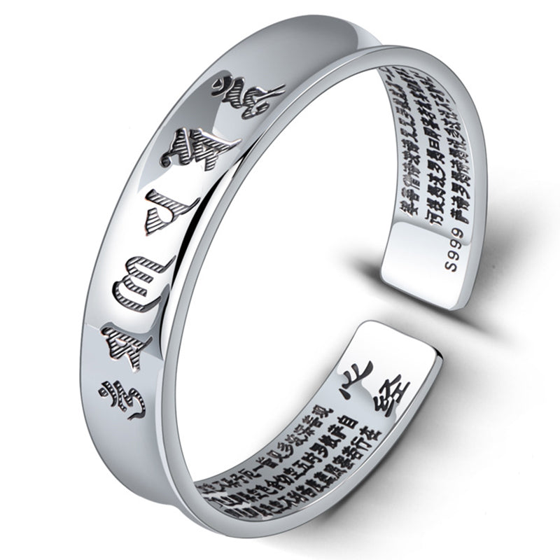 999 Sterling Silver Fine Jewelry Silver Bangles Open Type Six Words Memoirs Bracelets For Women And Men Lovers Om mani padme hum