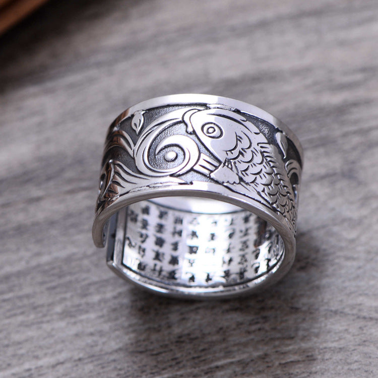 999 Sterling Silver Open Ring Men Thai Silver Koi Heart Sutra Jewelry Gift 1.2cm Wide Finger Ring CH057161