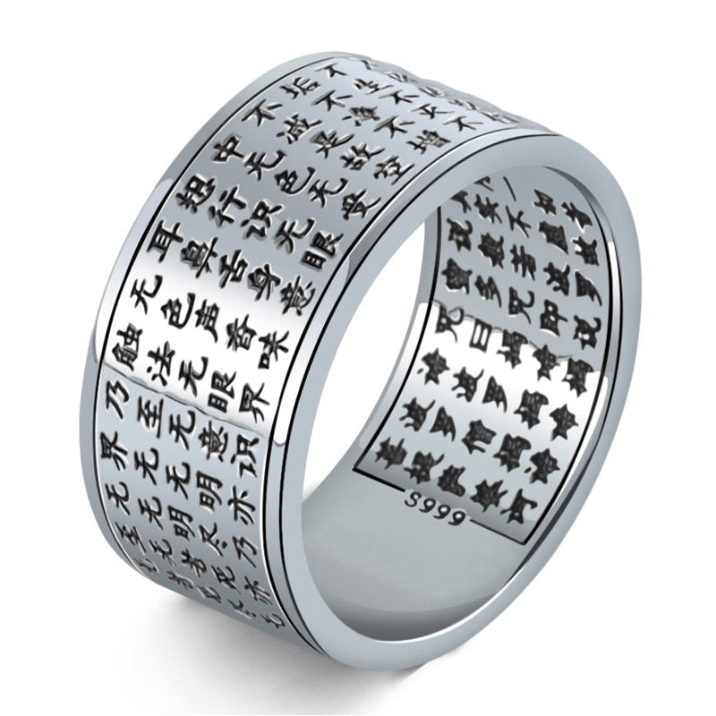 999 Sterling Silver Retro Men Male Ring Thai Silver Fine Jewelry Gift Buddhist Scriptures Wide Finger Ring CH042322