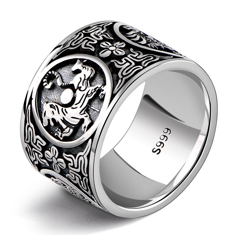 999 Sterling Silver Retro Men Male the God of the Quartet Ring Thai Silver Fine Jewelry Gift 1.4cm Wide Finger Ring CH045115