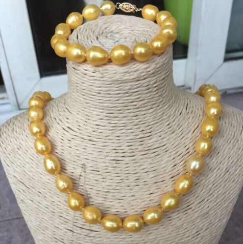 A SET OF 11-13MM AAASOUTH SEA GOLD PEARL NECKLACE 18INCH &BRACELET 7.5 INCH 925silver