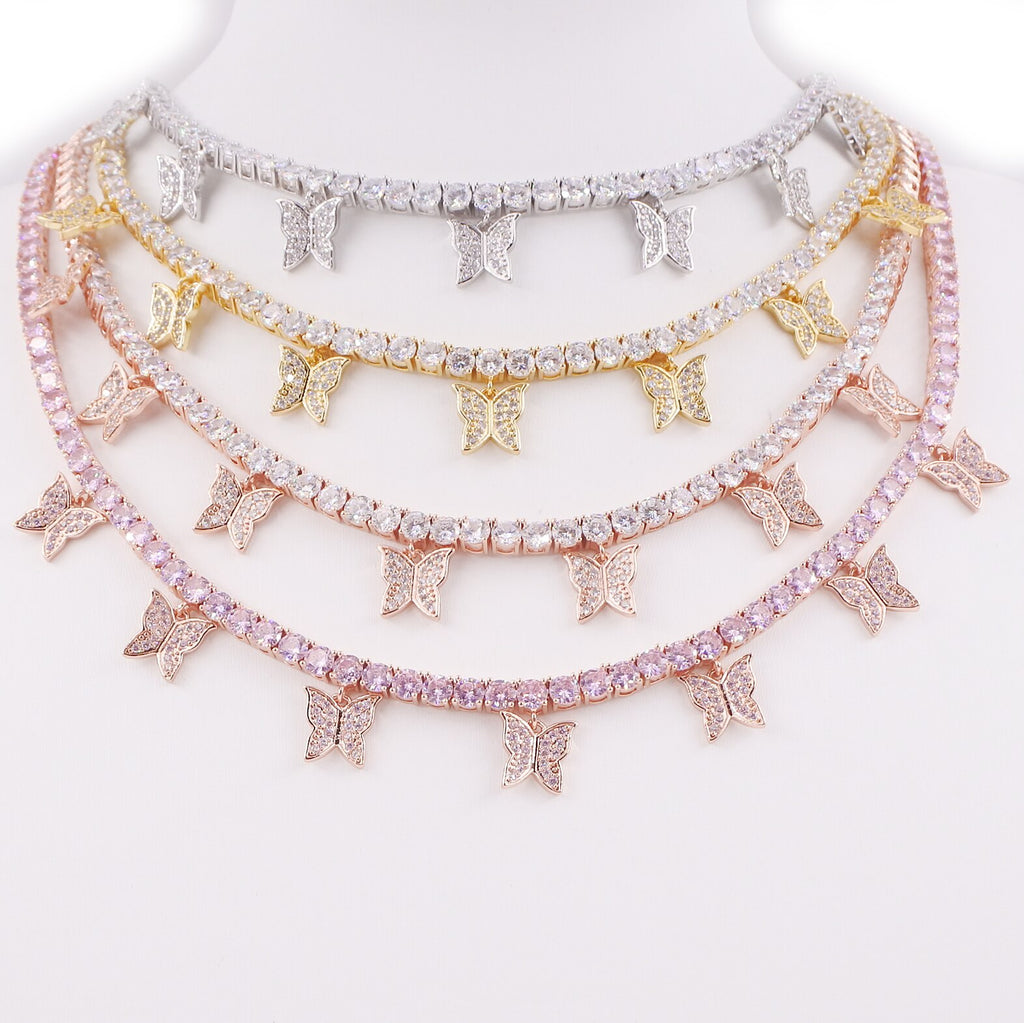 AAA CZ butterfly choker charm necklace  silver color pink 4mm hip hop 1 row tennis chain rapper rock women adjustable jewelry