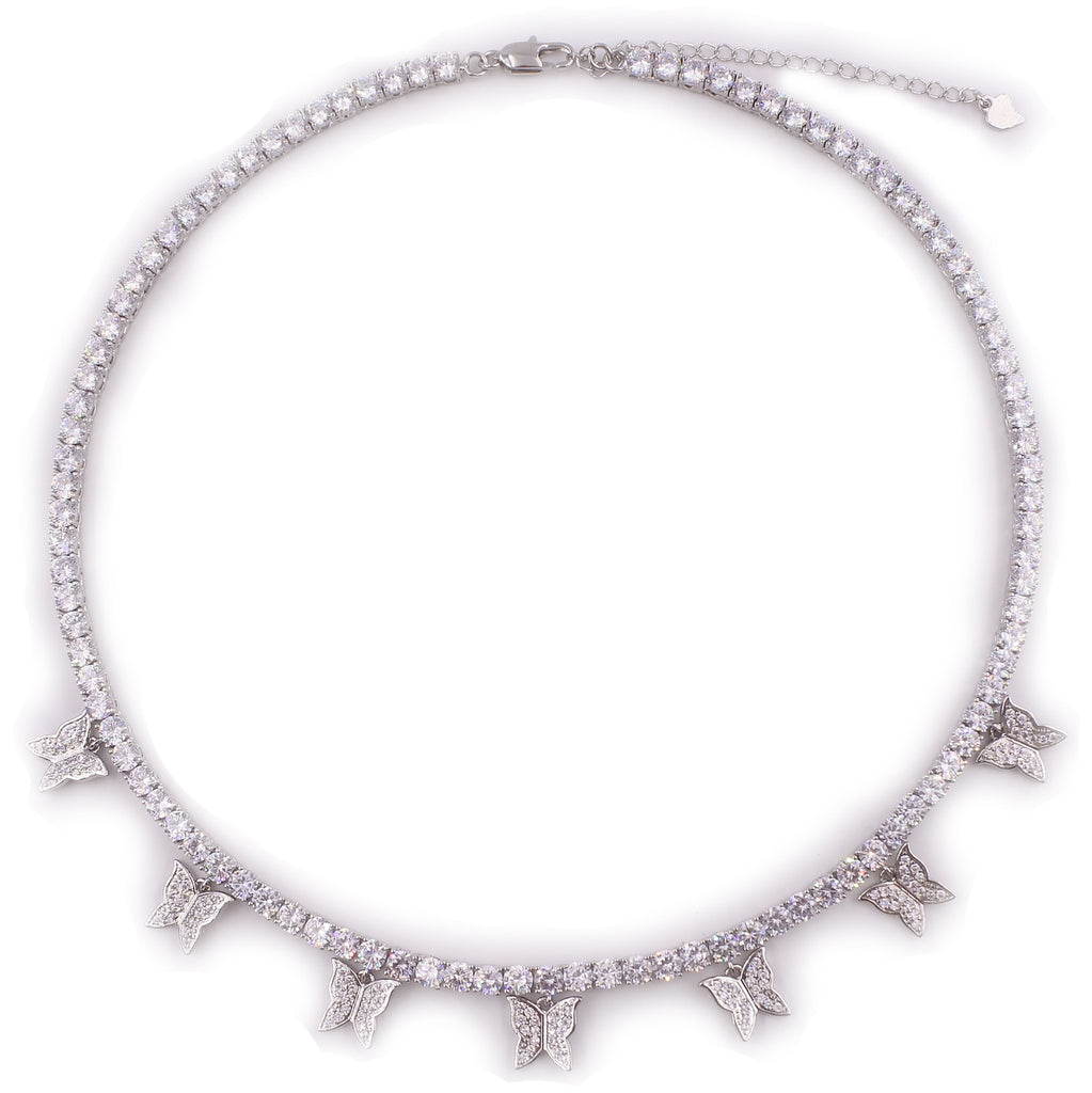 AAA CZ butterfly choker charm necklace  silver color pink 4mm hip hop 1 row tennis chain rapper rock women adjustable jewelry