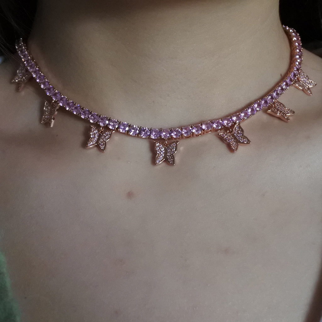 AAA CZ butterfly choker charm necklace  silver color pink 4mm hip hop 1 row tennis chain rapper rock women adjustable jewelry