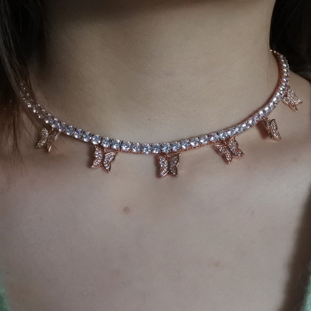 AAA CZ butterfly choker charm necklace  silver color pink 4mm hip hop 1 row tennis chain rapper rock women adjustable jewelry
