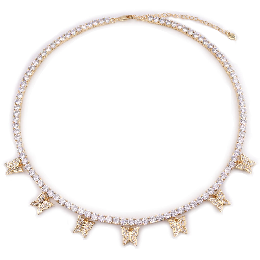 AAA CZ butterfly choker charm necklace  silver color pink 4mm hip hop 1 row tennis chain rapper rock women adjustable jewelry