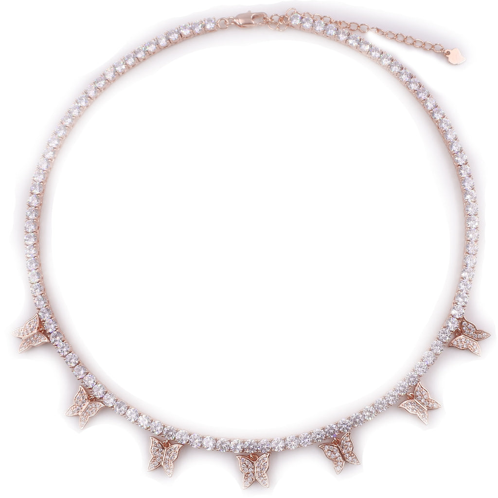 AAA CZ butterfly choker charm necklace  silver color pink 4mm hip hop 1 row tennis chain rapper rock women adjustable jewelry
