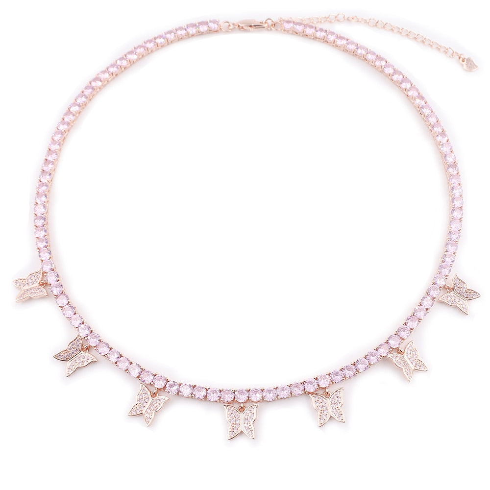 AAA CZ butterfly choker charm necklace  silver color pink 4mm hip hop 1 row tennis chain rapper rock women adjustable jewelry