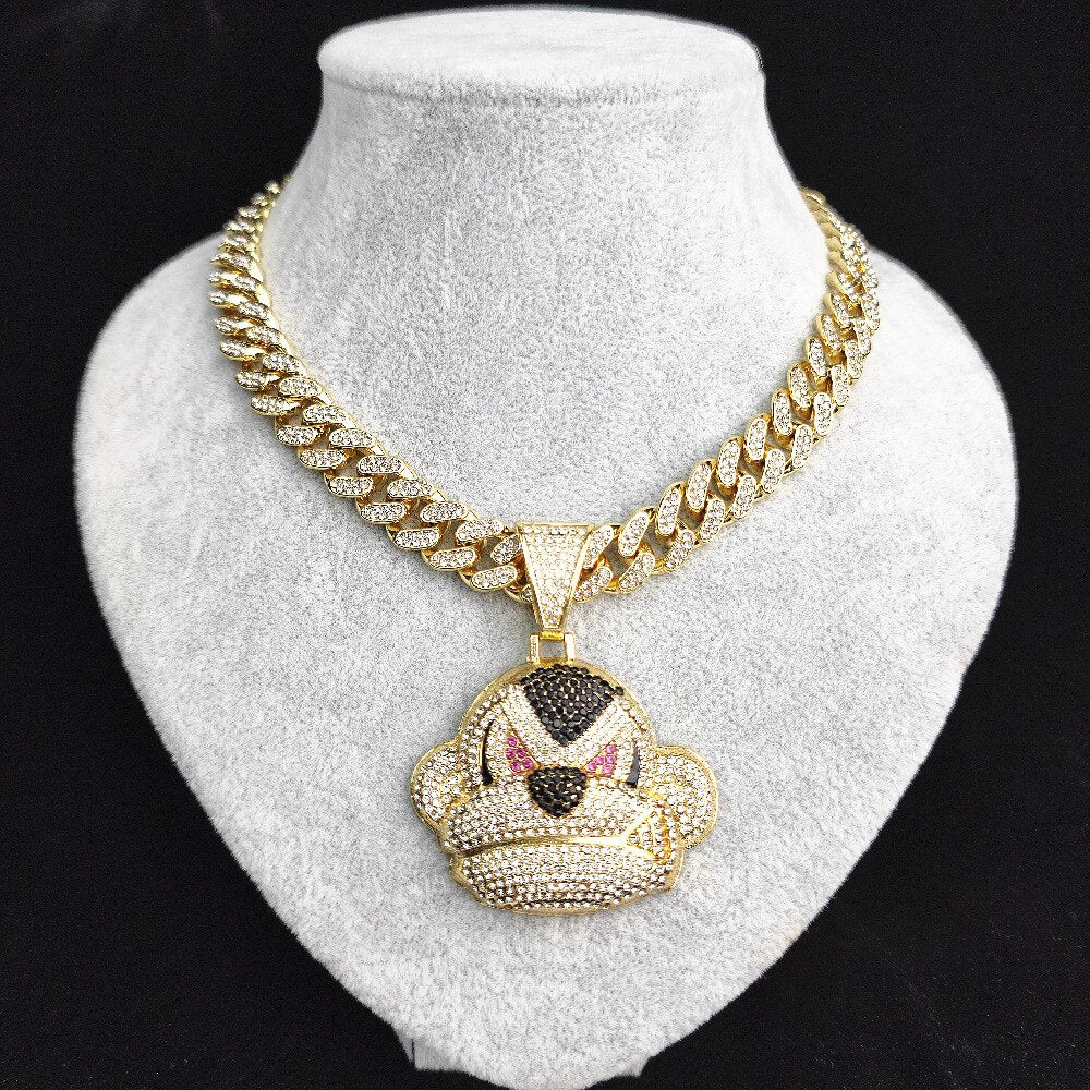 AAA Rhinestone Iced Out Miami Cuban Link Chain Orangutan Monkey Pendant Necklace For Men's Chains Hip Hop Jewelry On The Neck