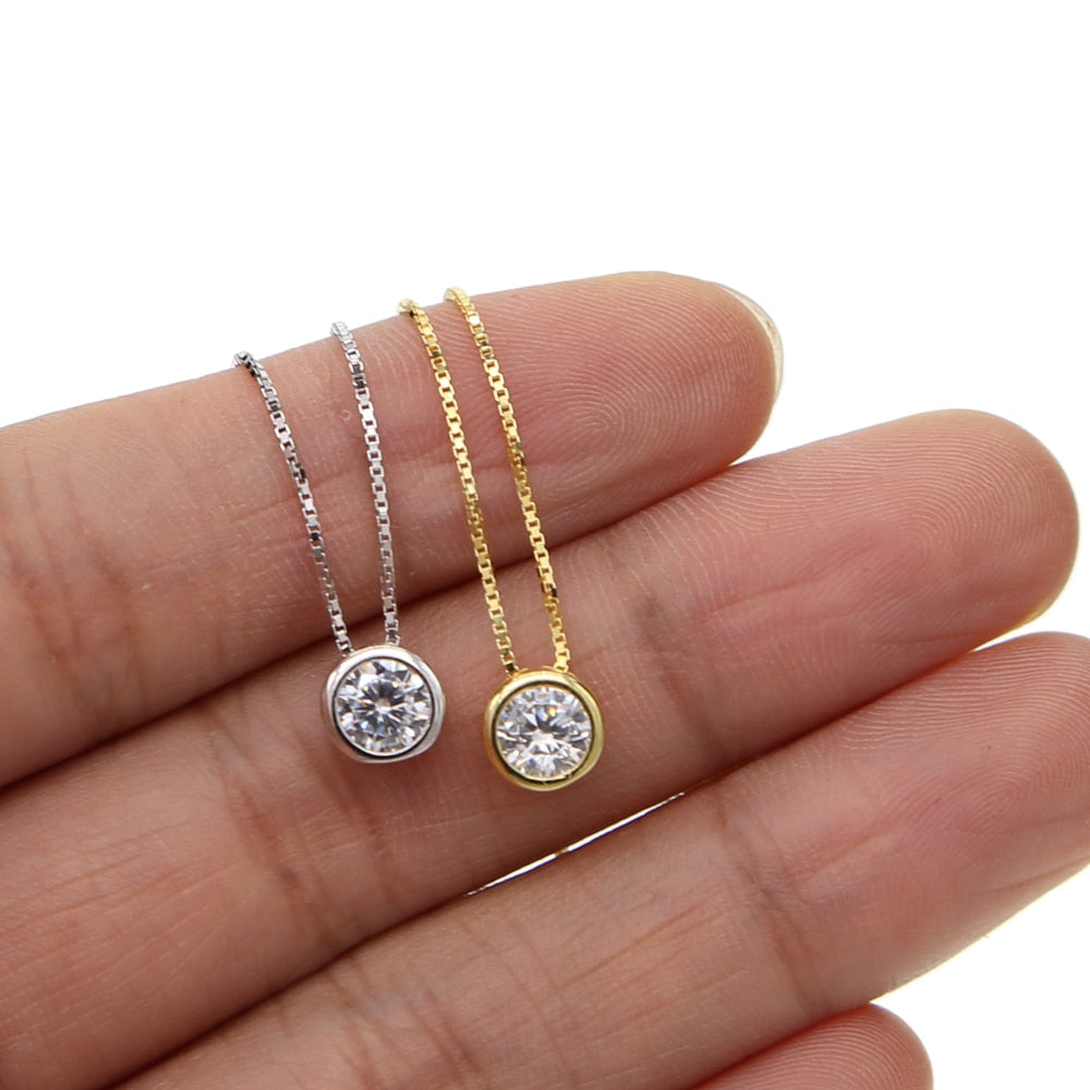 AAA cubic zirconia single round cz pendant wedding engagement gold color high quality 925 sterling silver necklace for women