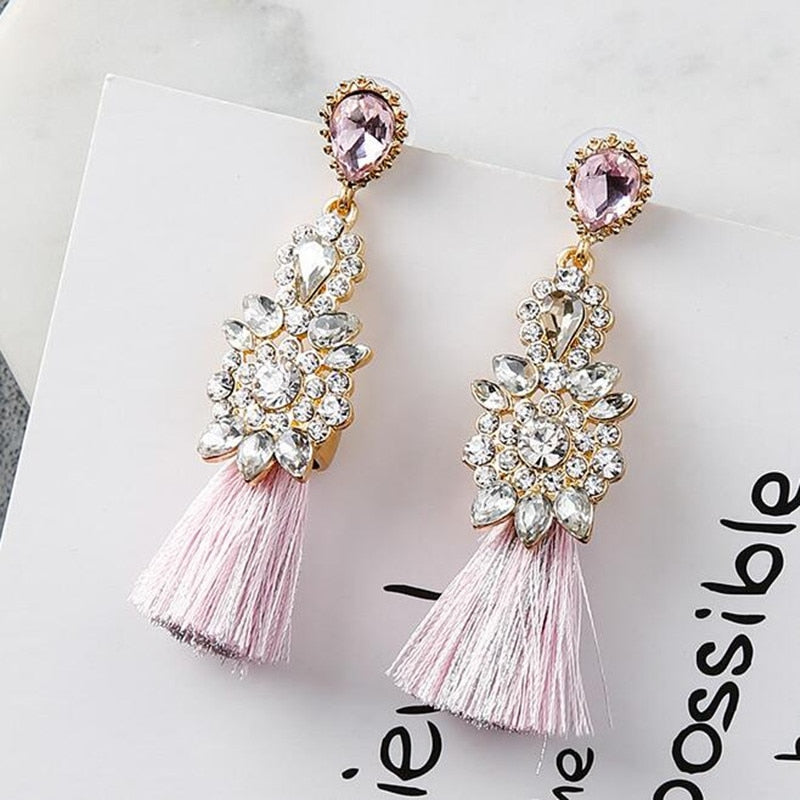 Full Rhinestone Long Thread Tassel Earrings Temperament Big Statement Earring Fashion Jewelry 2A3014