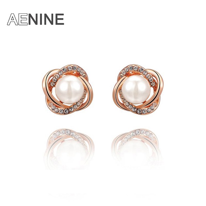 Classic Rose Gold Color White Simulated Pearl Pave Setting Rhinestone Stud Earrings For Women Jewelry Brincos L2020488480