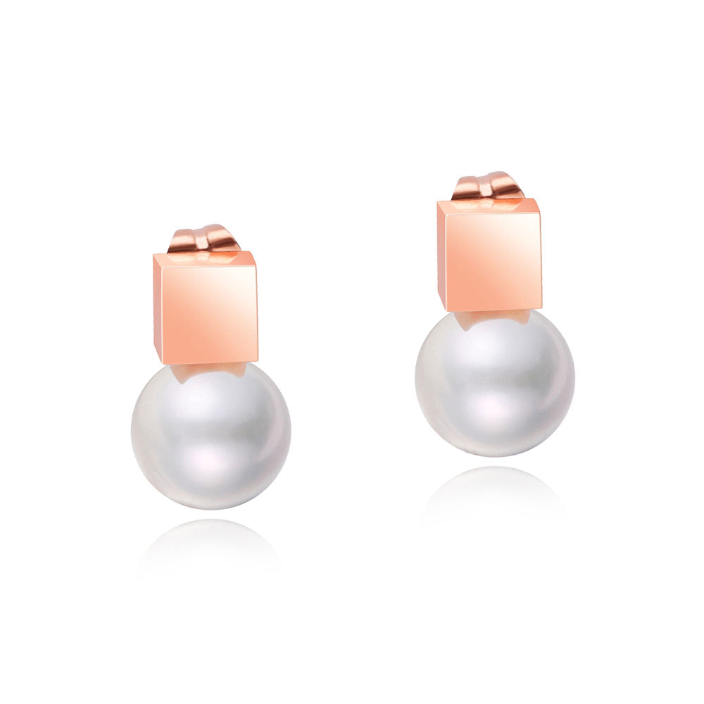 Square Geometric Stud Earring For Women Titanium Steel Rose Gold Color Simulated Pearl Earrings Jewelry Brincos OGE425