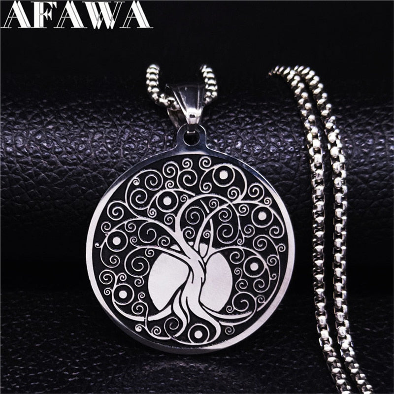 AFAWA 2022 Tree of Life Stainless Steel Statement Necklace for Women Silver Color Necklaces &amp; Pendants Jewelry joyas N4017S02