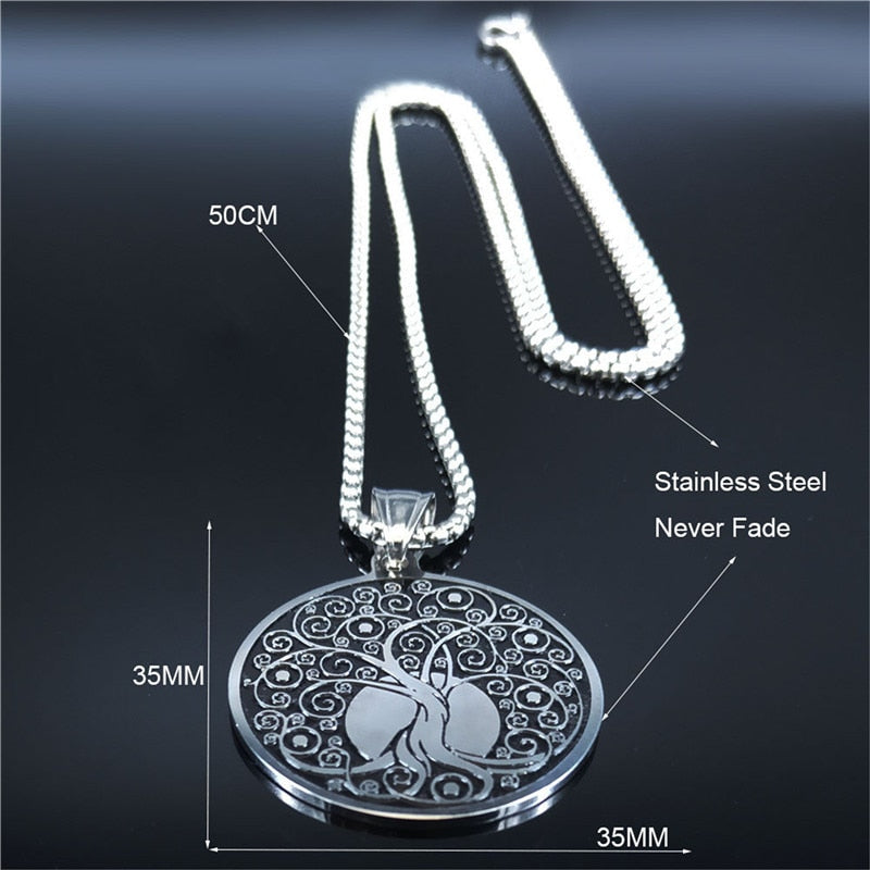 AFAWA 2022 Tree of Life Stainless Steel Statement Necklace for Women Silver Color Necklaces &amp; Pendants Jewelry joyas N4017S02