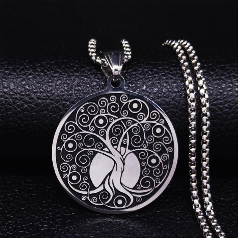 AFAWA 2022 Tree of Life Stainless Steel Statement Necklace for Women Silver Color Necklaces &amp; Pendants Jewelry joyas N4017S02