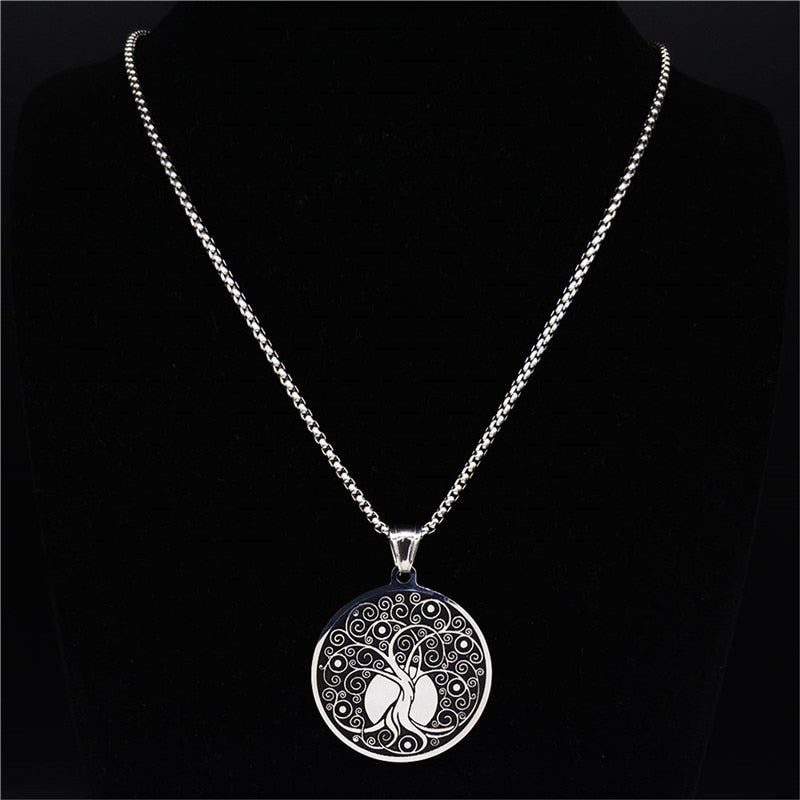 AFAWA 2022 Tree of Life Stainless Steel Statement Necklace for Women Silver Color Necklaces &amp; Pendants Jewelry joyas N4017S02