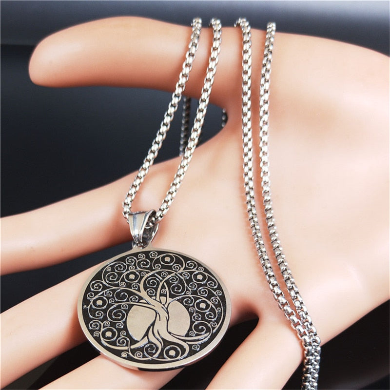 AFAWA 2022 Tree of Life Stainless Steel Statement Necklace for Women Silver Color Necklaces &amp; Pendants Jewelry joyas N4017S02