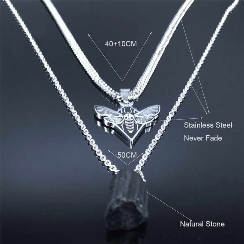 AFAWA Gothic Skull Moth Stainless Steel Layered Necklace Women Black Color Natural Stone Statement Necklace Jewelry N3753S02