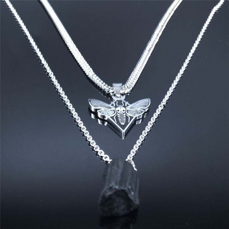 AFAWA Gothic Skull Moth Stainless Steel Layered Necklace Women Black Color Natural Stone Statement Necklace Jewelry N3753S02