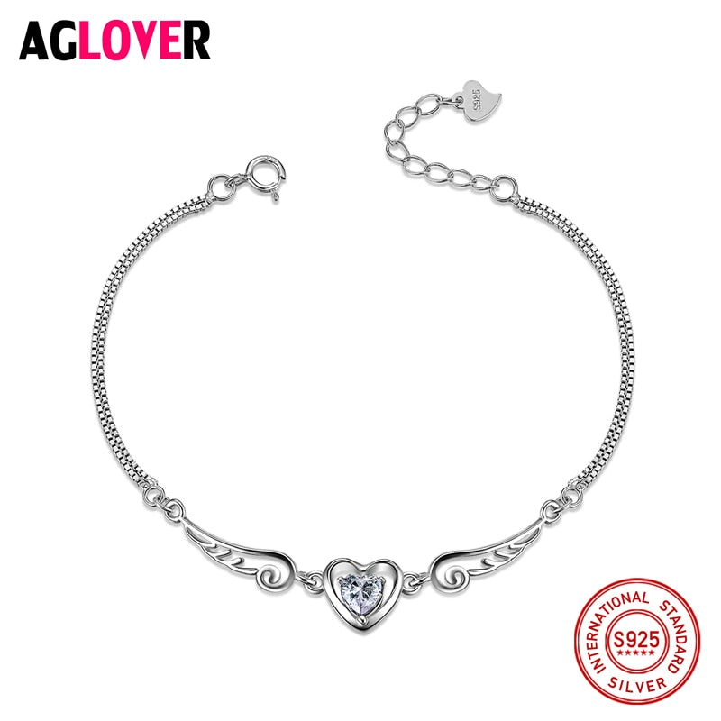 100% 925 Sterling Silver Double Angel Wings Heart Charm Bracelets For Women Fashion Crystal Zircon Wedding Jewelry