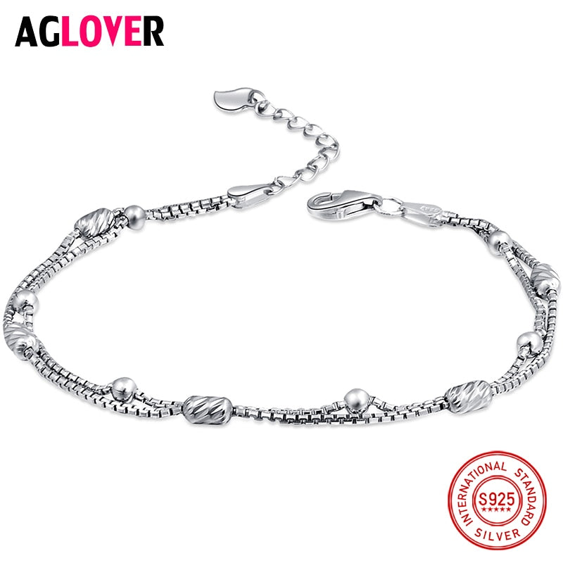 100% 925 Sterling Silver Fashion Women's Jewelry Double Chain Beads Bracelet 20cm For Gift Girls Lady